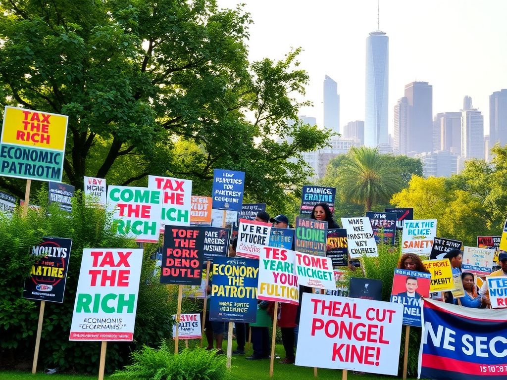 Flick International A vibrant outdoor rally scene at Major Mark Park in Jamaica, Queens, showcasing colorful campaign signs advocating for economic equity and social justice