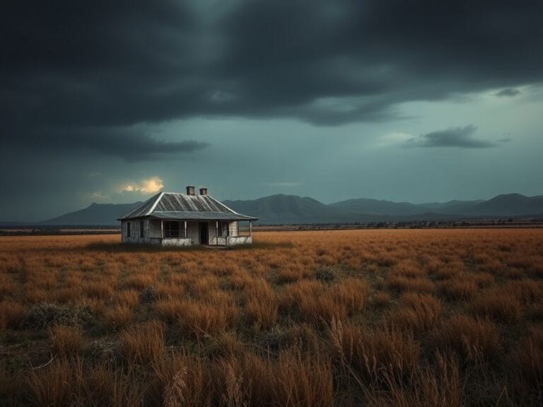 Flick International A weathered farmhouse in an empty field under a dusky sky, symbolizing the struggles faced by Afrikaners
