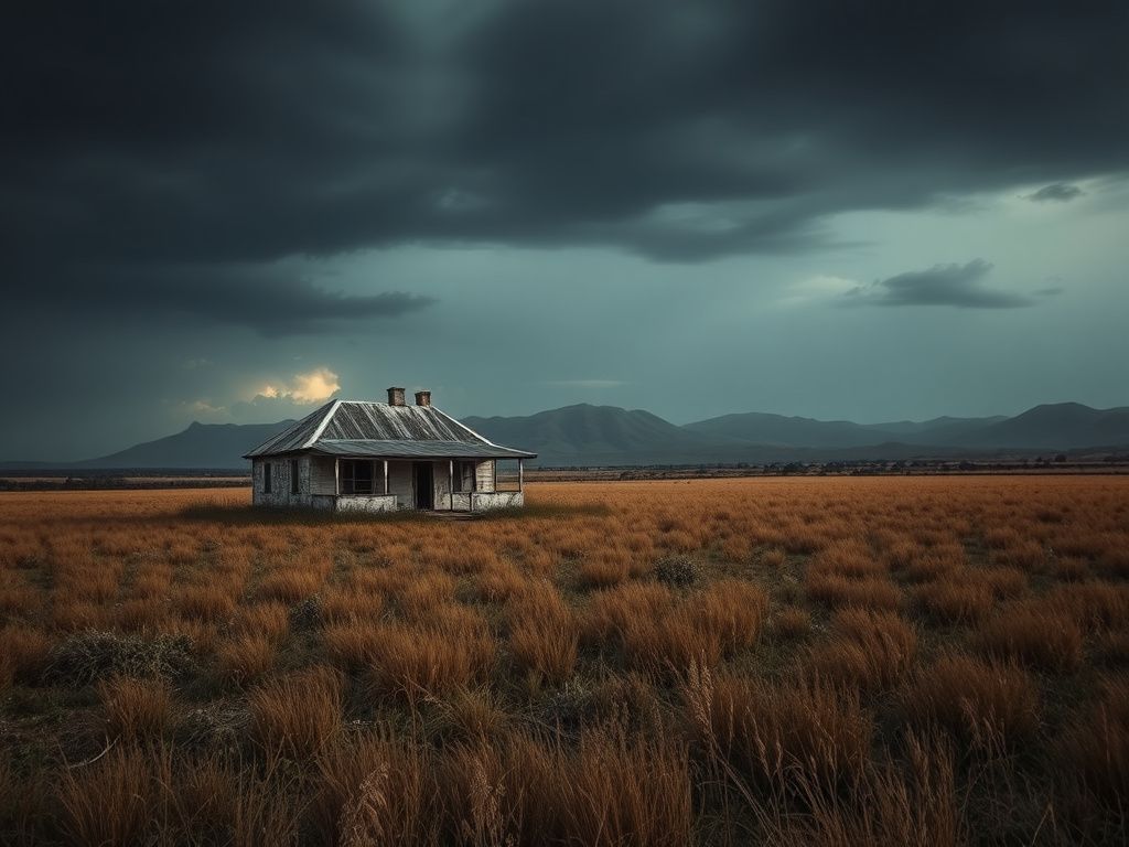 Flick International A weathered farmhouse in an empty field under a dusky sky, symbolizing the struggles faced by Afrikaners