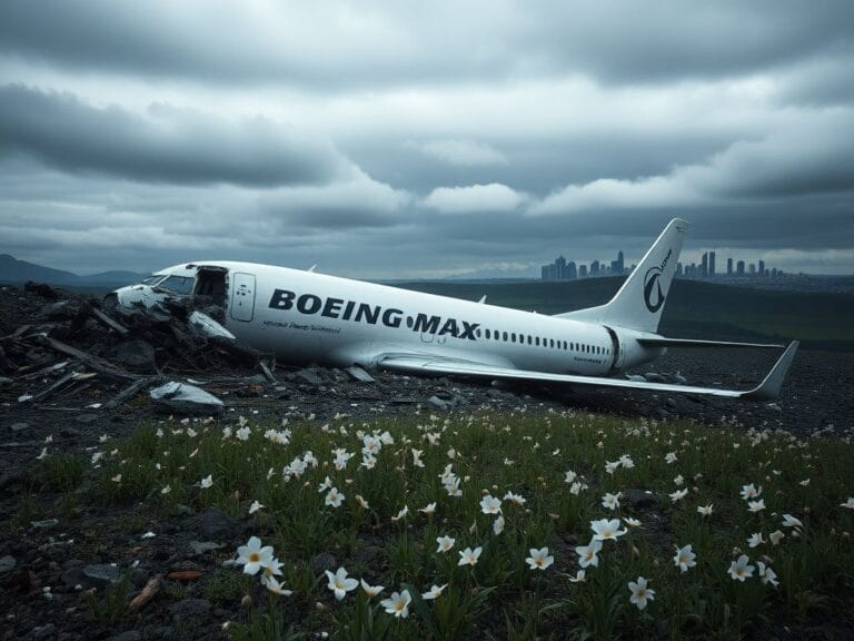 Flick International Fragmented Boeing 737 MAX fuselage partially submerged in a rugged landscape with surrounding debris