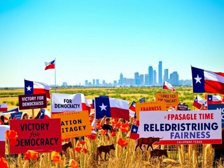 Flick International Colorful political rally scene in Texas with campaign banners, Texas state flag, and Houston skyline