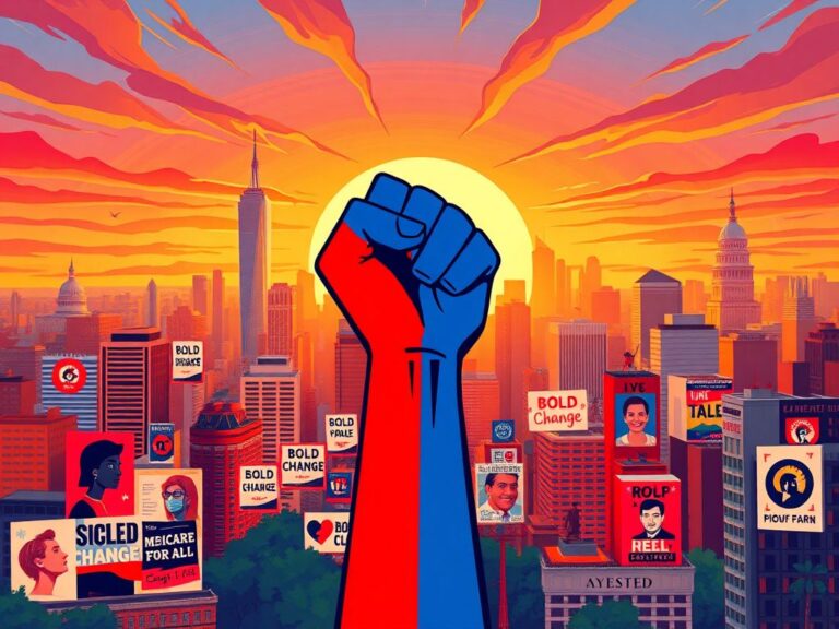 Flick International A vibrant illustration of a New York City skyline at sunset, featuring a mural of a raised fist symbolizing progressive movements.