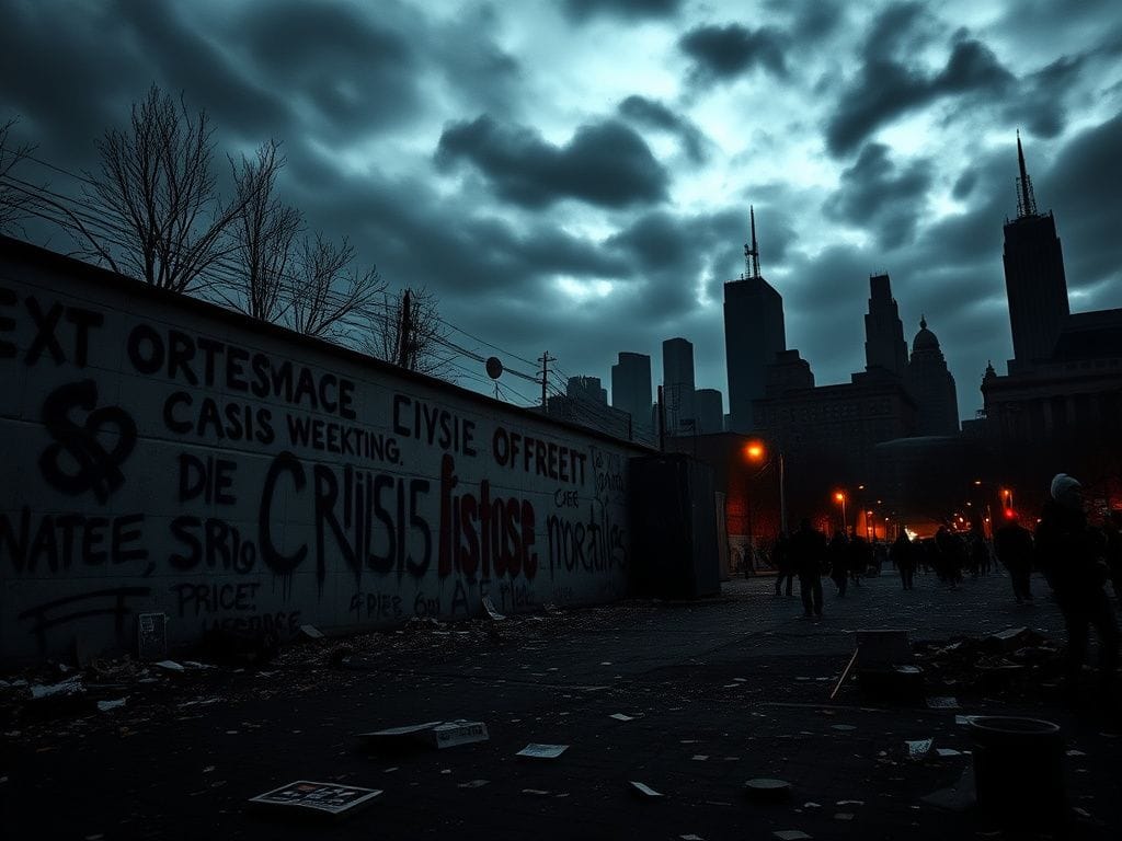 Flick International Dark urban landscape at dusk symbolizing tension and unrest with graffiti-covered wall.
