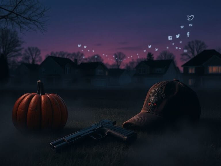 Flick International Dimly lit suburban landscape with shadowy homes and abandoned items symbolizing homegrown extremism