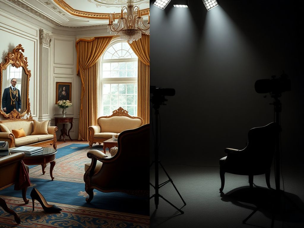 Flick International A contrasting image depicting a luxurious room resembling the White House on the left and a cold interview set on the right, capturing the media bias theme discussed by Michelle Obama.