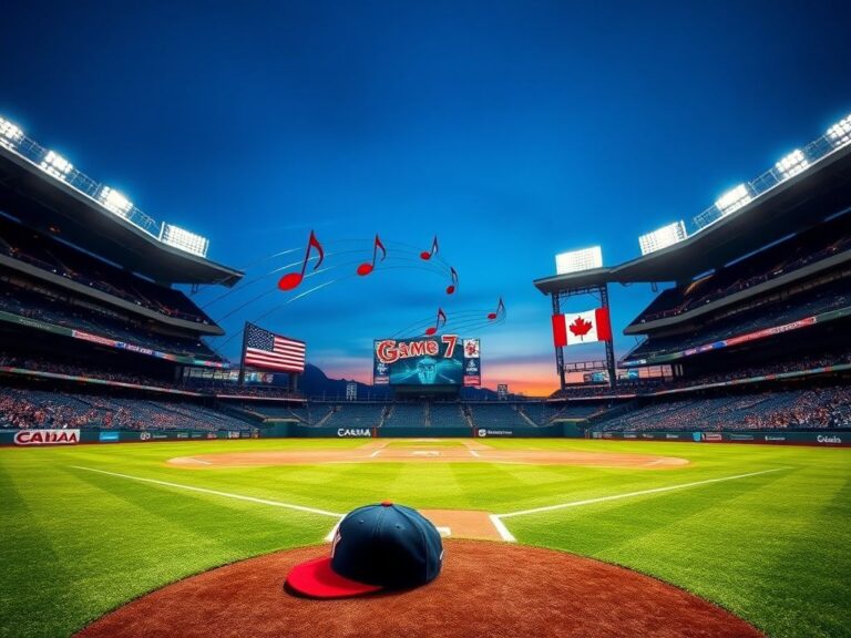 Flick International Grand stadium setting with empty baseball diamond and musical notes in the air