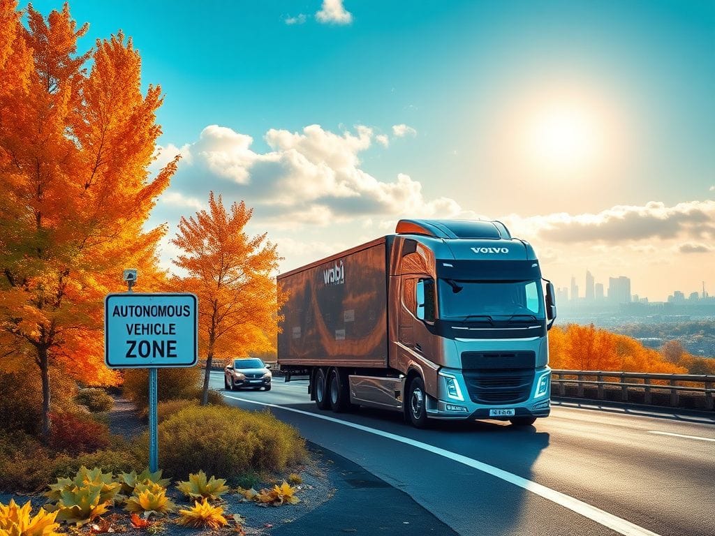 Flick International Futuristic self-driving truck by Waabi and Volvo on a bustling highway