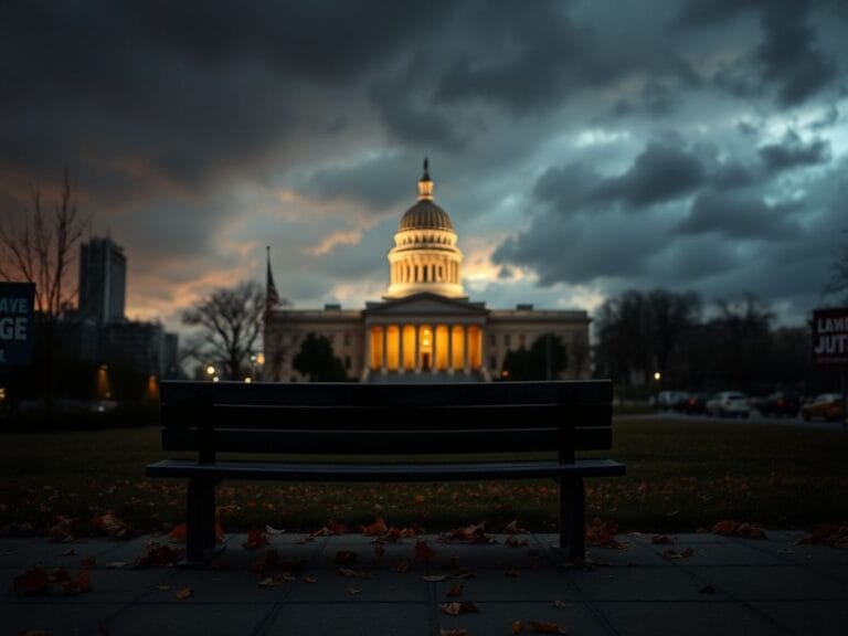 Flick International Somber cityscape at dusk with government building silhouette
