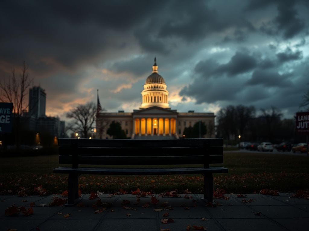 Flick International Somber cityscape at dusk with government building silhouette