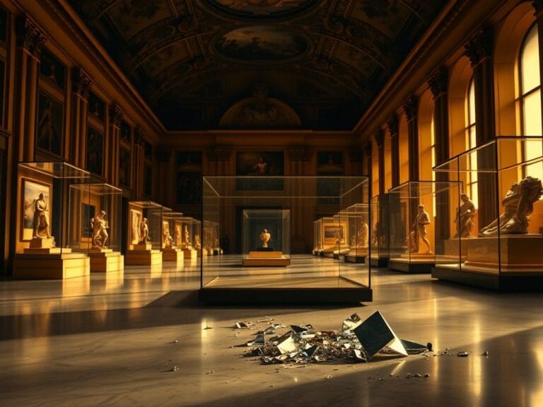 Flick International Interior view of the Louvre museum showcasing the Apollo Gallery with a shattered display case