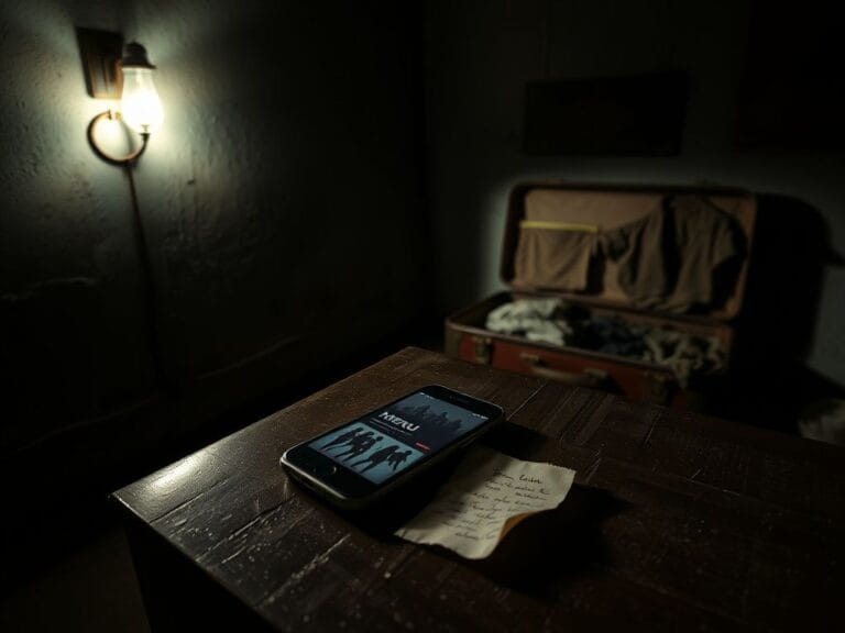 Flick International A dimly lit abandoned room with a smartphone showing a blurry menu of women for sex trafficking