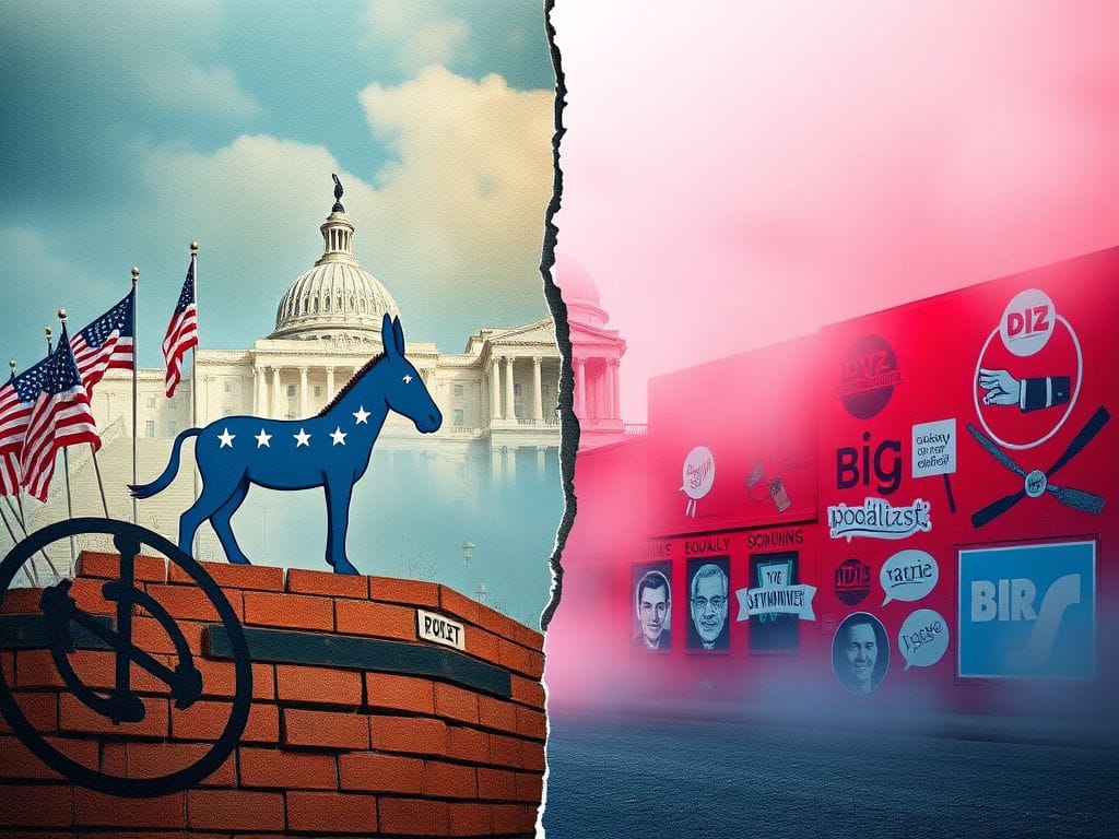 Flick International Juxtaposition of traditional Democratic symbols and modern socialist imagery