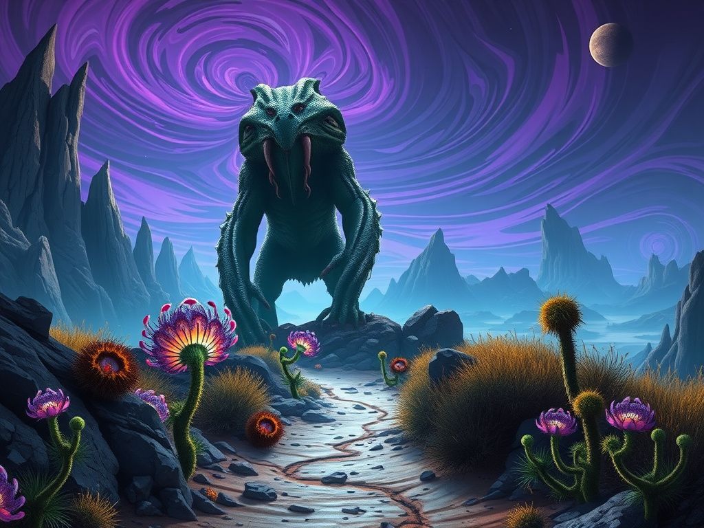 Flick International Enormous Kalisk creature towering over a rugged path in a vibrant alien landscape