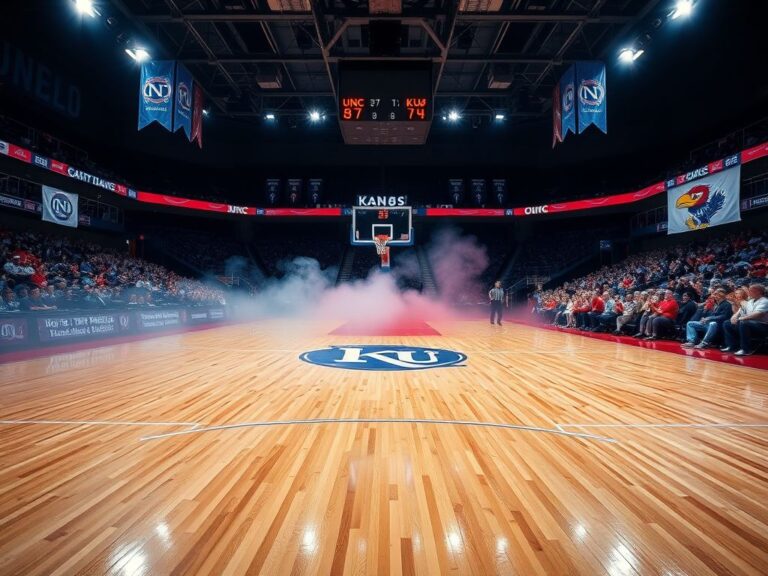 Flick International Dynamic basketball court scene during night game with empty arena and vibrant colors