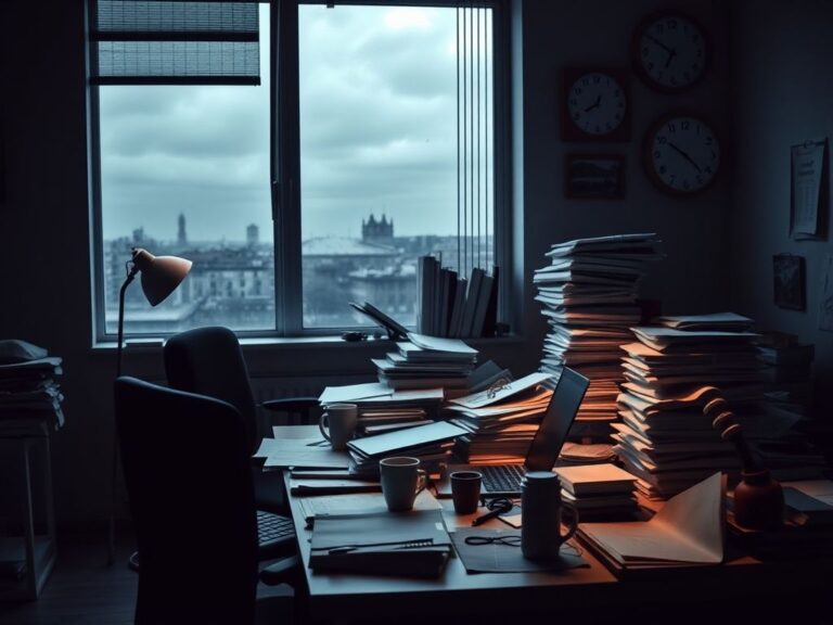 Flick International A dimly lit office space filled with clutter, symbolizing workaholism and its impact on personal relationships.