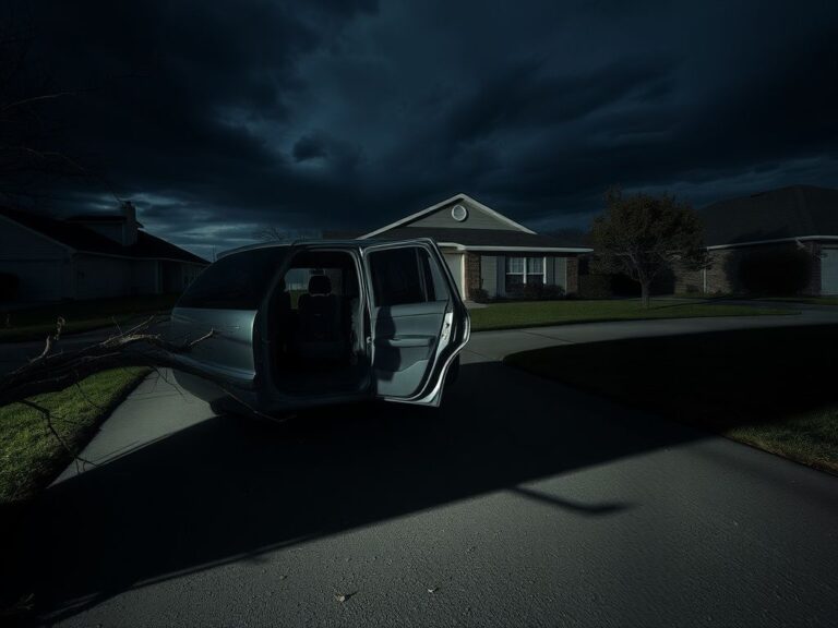 Flick International Parked vehicle in suburban Texas with a child's car seat, door ajar, reflecting a recent disturbance