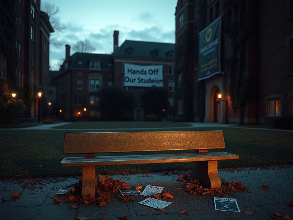 Flick International Empty university quad at twilight with fallen leaves and divisive flyers