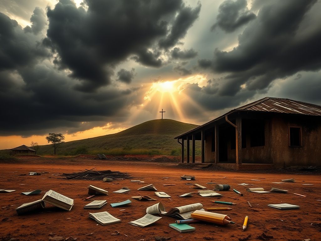 Flick International Charred school building in rural Nigeria after Boko Haram attack