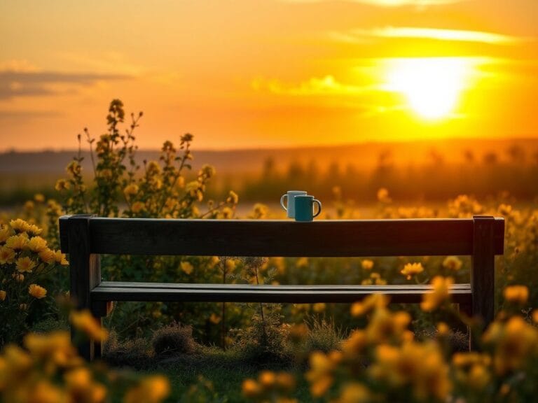 Flick International A weathered wooden bench in a tranquil garden at sunset, symbolizing reflection and solitude.