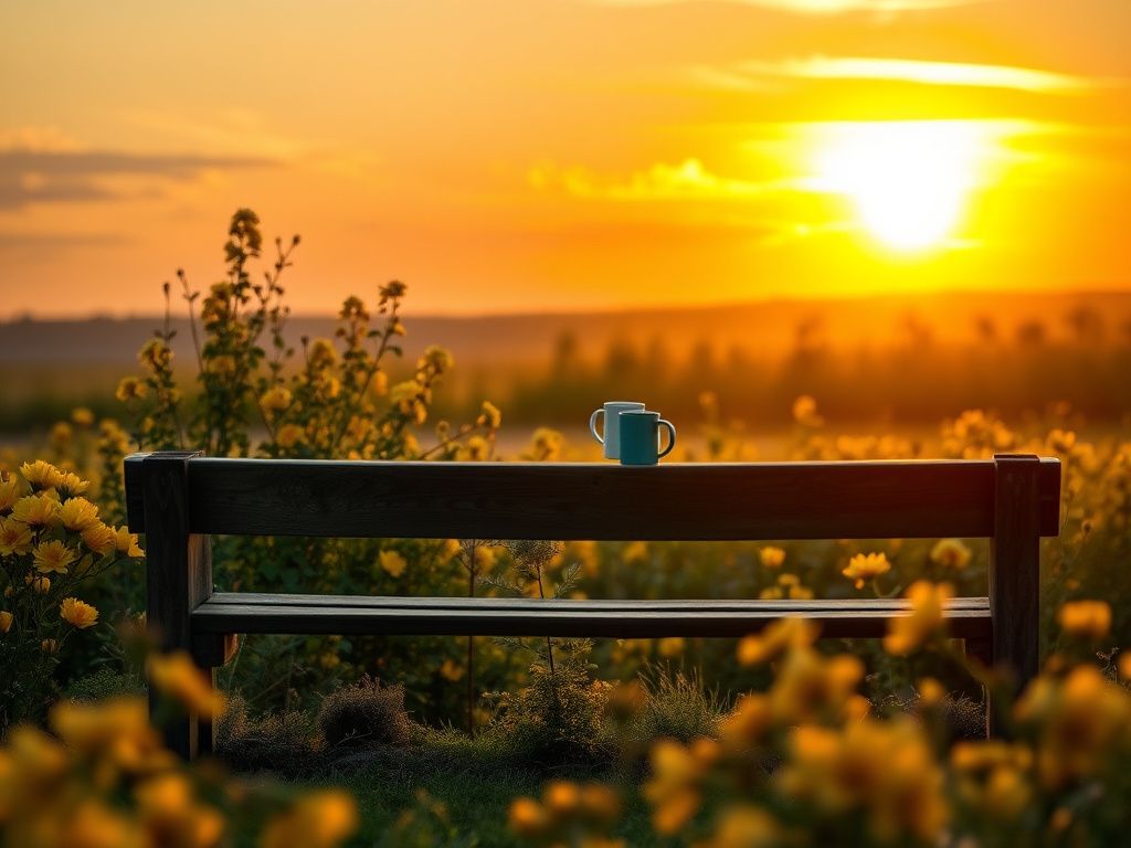 Flick International A weathered wooden bench in a tranquil garden at sunset, symbolizing reflection and solitude.
