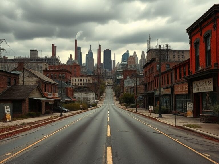 Flick International A desolate urban landscape depicting the struggles of the working class amid crumbling factories and rundown homes.