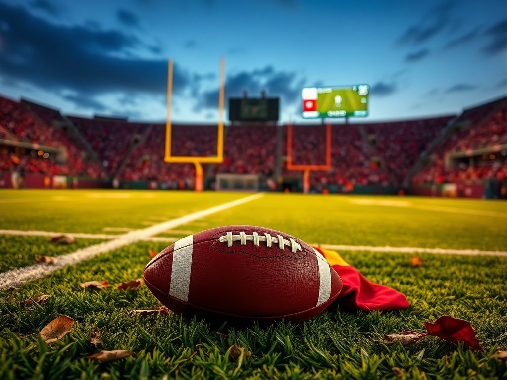 Flick International A football field from above showcasing vibrant turf with a crumpled punter's jersey in USC colors and a football in the foreground.