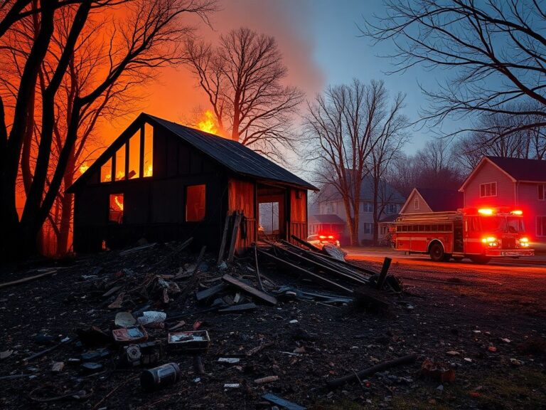 Flick International Aftermath of a house fire showing a charred structure and fire-damaged trees