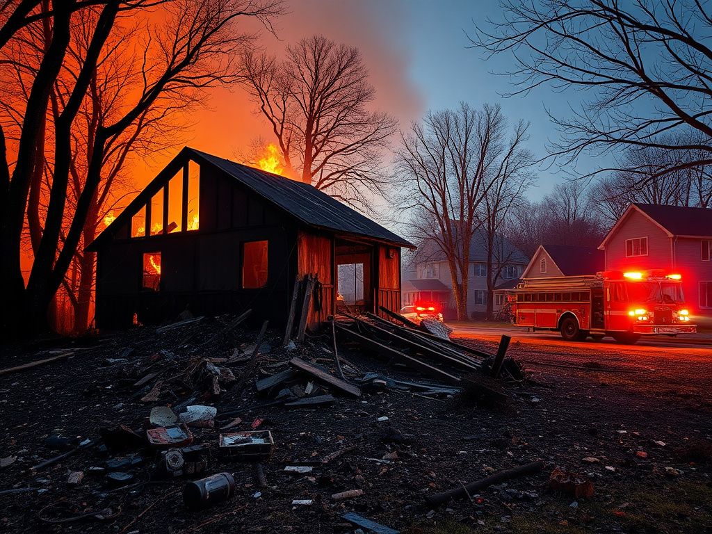 Flick International Aftermath of a house fire showing a charred structure and fire-damaged trees