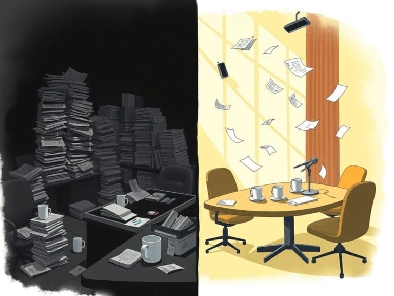 Flick International A split scene contrasting a chaotic political office and a bright, hopeful discussion space