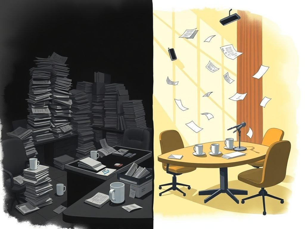 Flick International A split scene contrasting a chaotic political office and a bright, hopeful discussion space