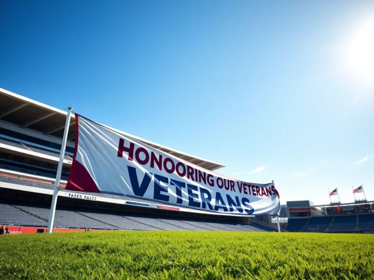 Flick International A grand stadium under a bright blue sky with modern architecture, featuring a banner 'Honoring Our Veterans' in red, white, and blue.