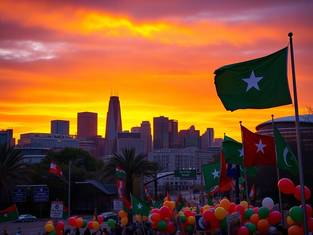 Flick International Diverse flags, including the Somali flag, fluttering in Minneapolis during a sunset.