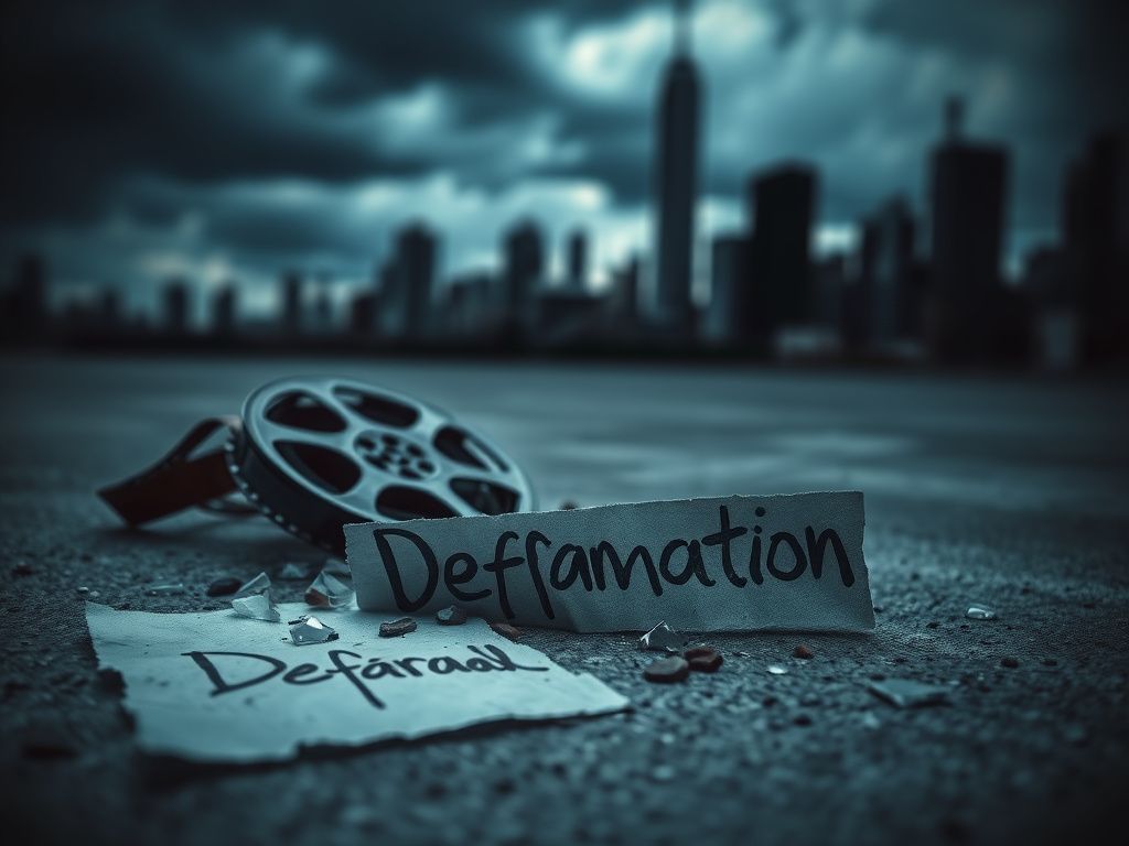 Flick International A shattered film reel on a concrete floor with a city skyline and stormy sky in the background.