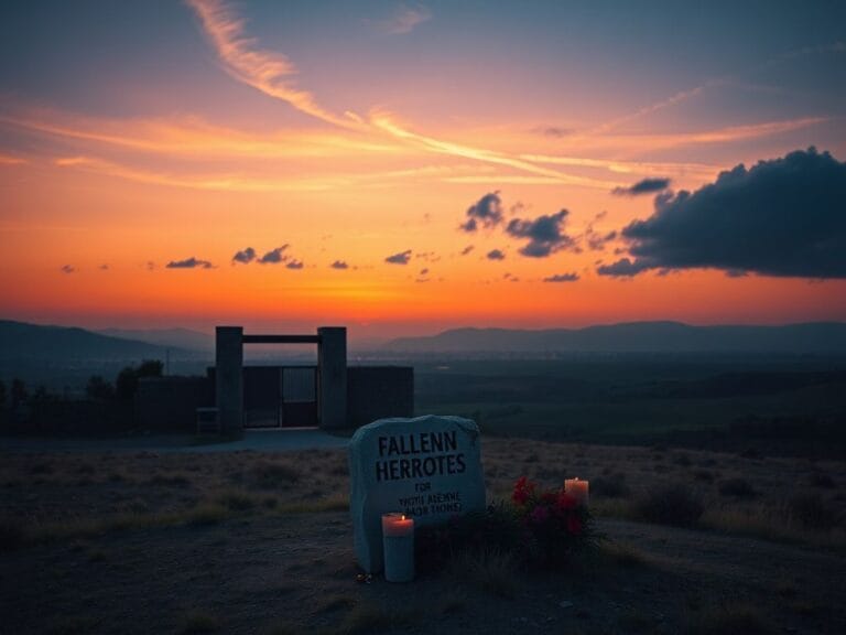 Flick International A solemn landscape of a peaceful kibbutz at dusk with a memorial stone for fallen heroes