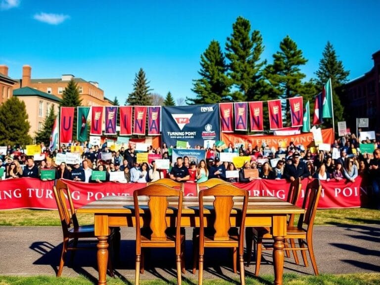 Flick International A college campus gathering with colorful banners supporting Turning Point USA beneath a clear blue sky