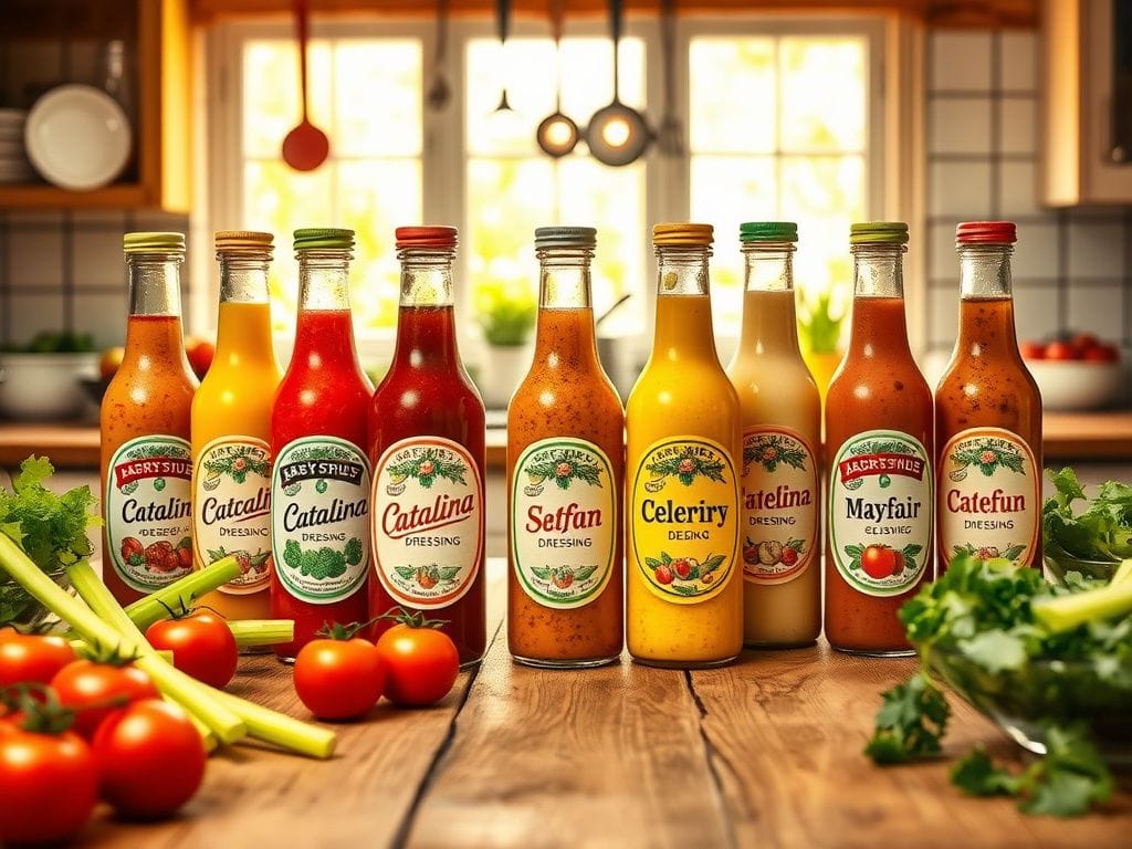 Flick International Vintage-inspired kitchen scene with retro salad dressings in colorful glass bottles