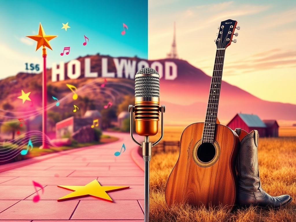 Flick International A vibrant split scene showcasing Hollywood glamour and rustic country music elements.