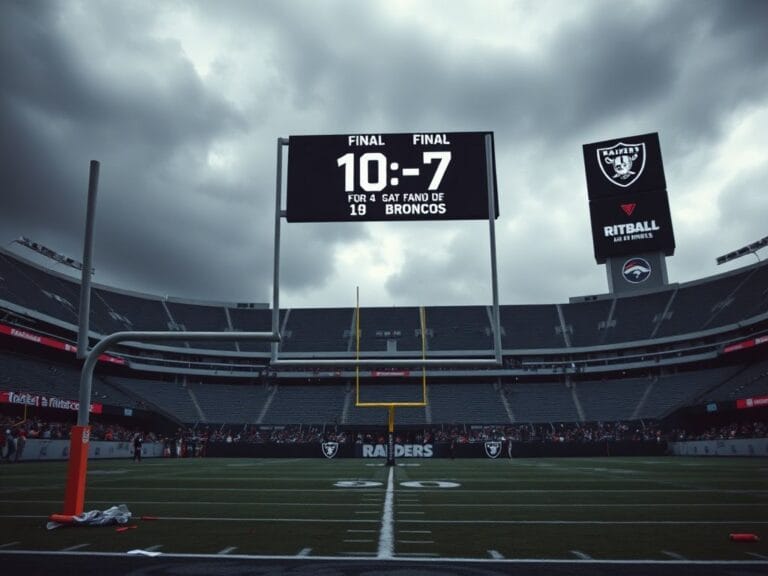 Flick International Empty football field of the Las Vegas Raiders stadium after the game, with a scoreboard showing the final score of 10-7 against the Denver Broncos.