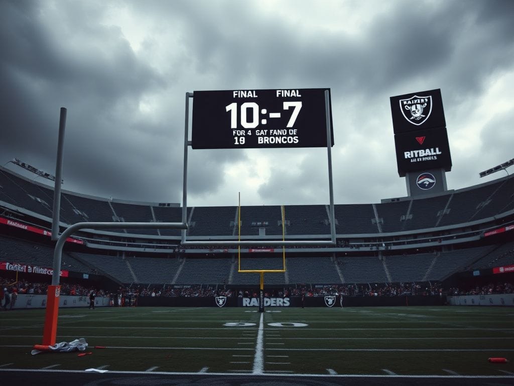 Flick International Empty football field of the Las Vegas Raiders stadium after the game, with a scoreboard showing the final score of 10-7 against the Denver Broncos.