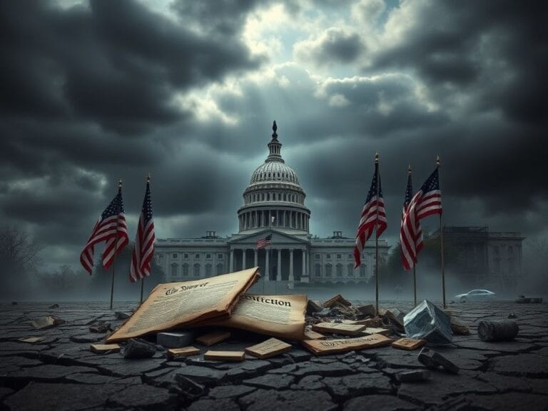 Flick International A powerful image of a broken and dilapidated symbol of democracy, featuring a shattered Capitol dome under a stormy sky.