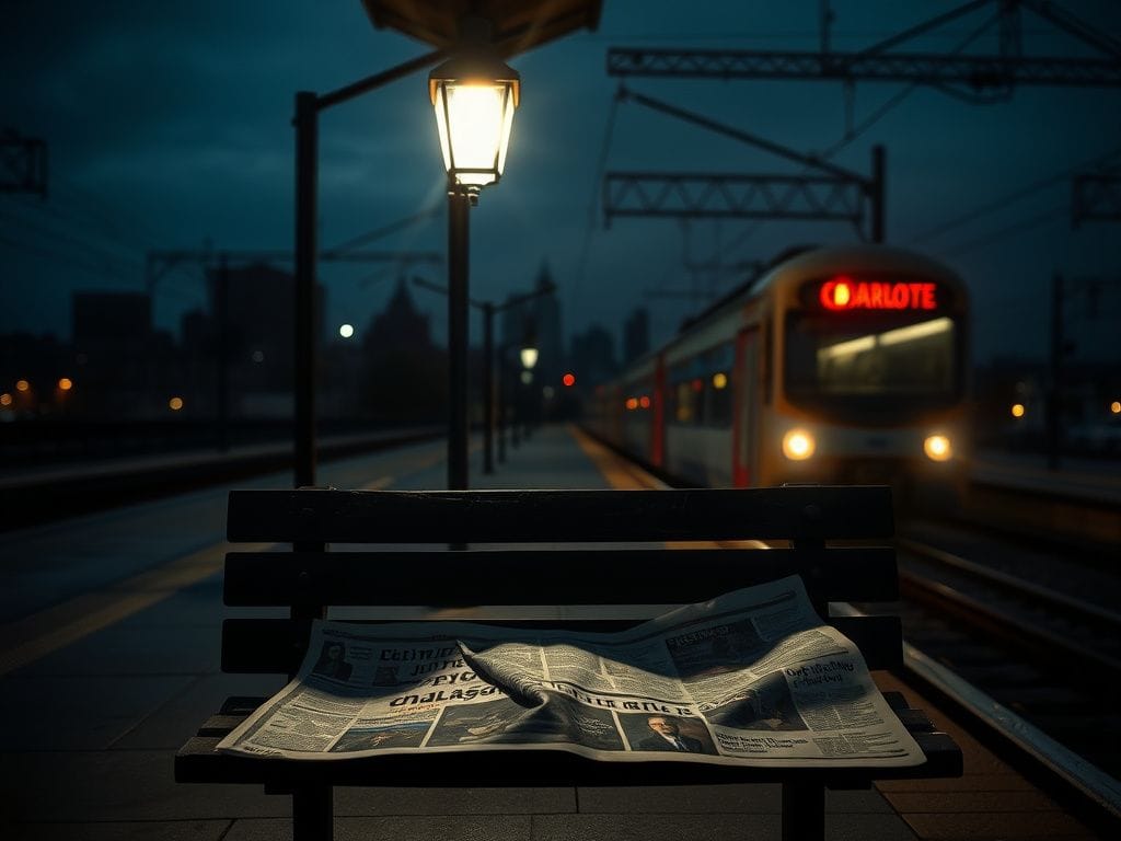 Flick International Dimly lit deserted train platform in Charlotte, North Carolina at dusk, symbolizing crime and safety concerns.