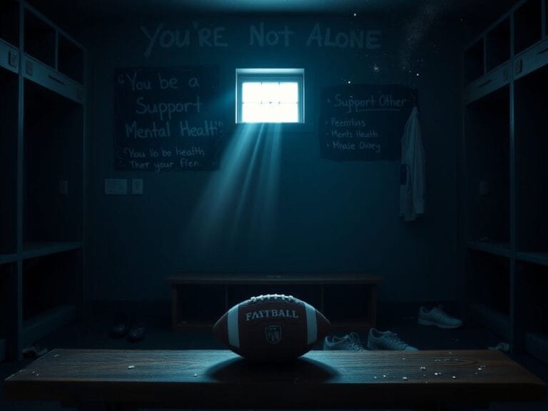 Flick International Dimly lit football locker room with a worn-out football, cleats, and a faded jersey, symbolizing camaraderie and loss.