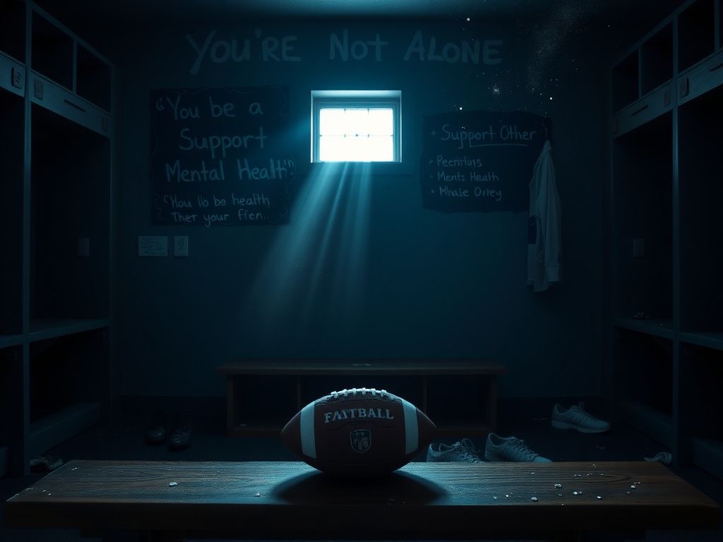 Flick International Dimly lit football locker room with a worn-out football, cleats, and a faded jersey, symbolizing camaraderie and loss.