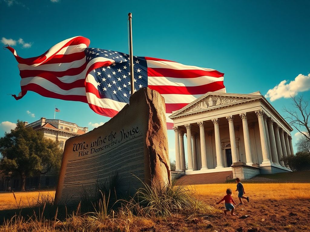 Flick International American flag billowing against a clear blue sky symbolizing unity and hope with a broken pillar representing the Constitution.