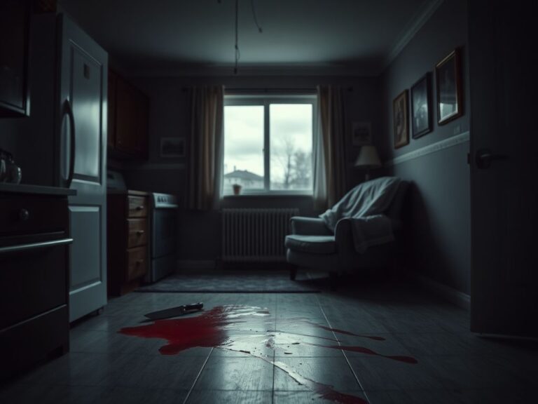 Flick International Dimly lit kitchen scene depicting a knife with blood stains, symbolizing a violent crime.