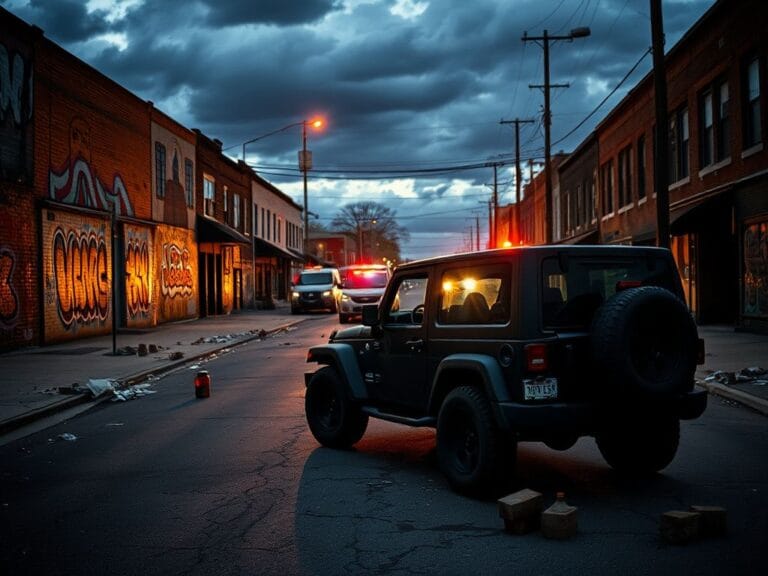 Flick International Abandoned black Jeep in a chaotic urban scene following a gunfire incident in Chicago's Little Village.