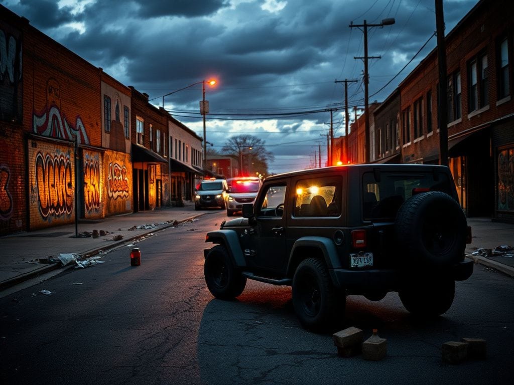Flick International Abandoned black Jeep in a chaotic urban scene following a gunfire incident in Chicago's Little Village.