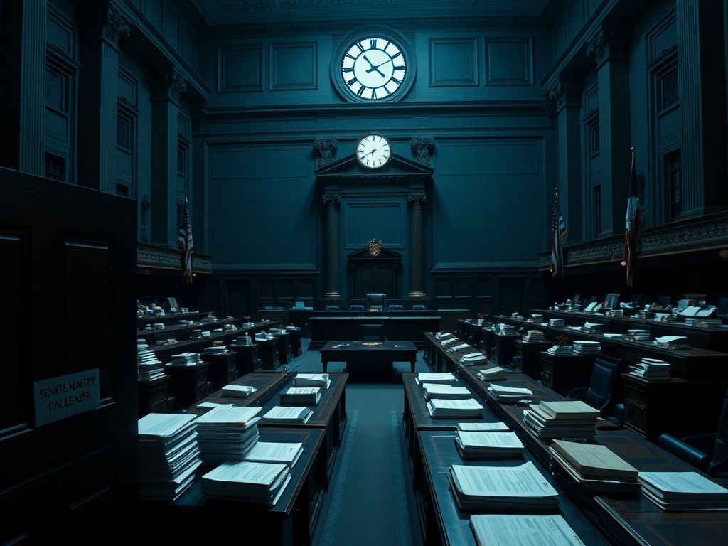 Flick International A dimly lit Senate chamber with ornate columns and an empty voting area