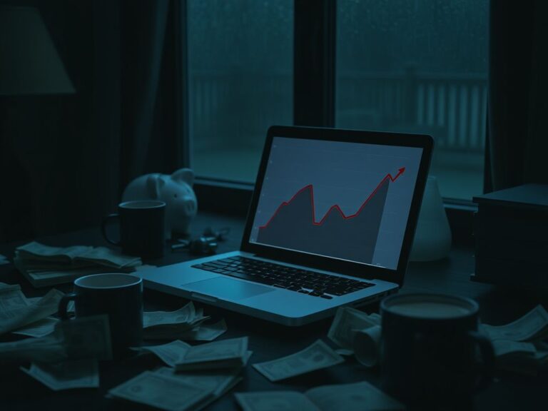 Flick International Dimly lit scene of a laptop displaying a declining graph on a cluttered desk with crumpled bills and a broken piggy bank in the background
