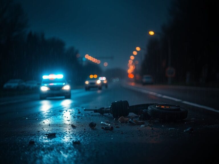 Flick International dark rain-soaked roadway with police car hazard lights after a tragic crash